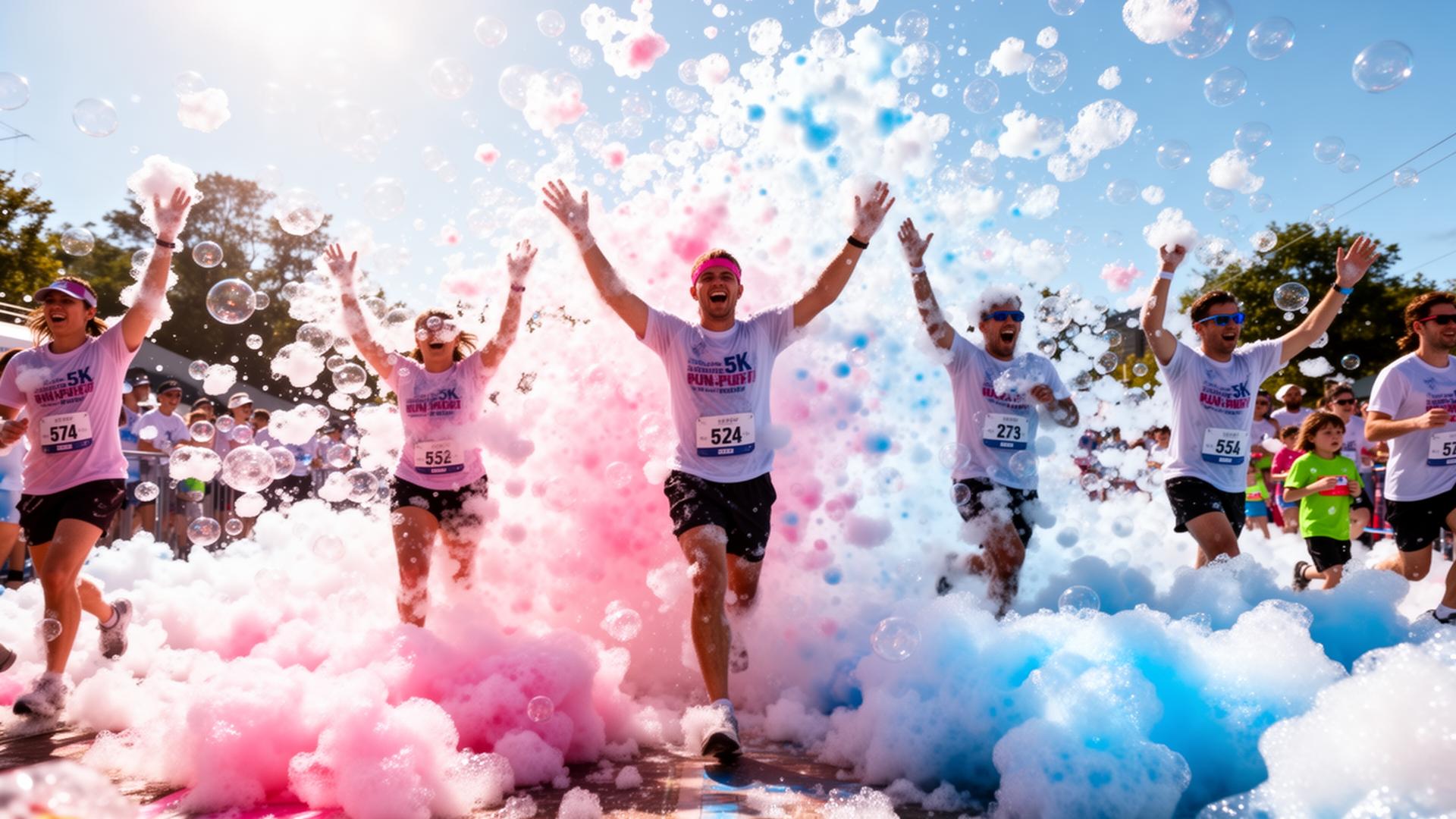 Runners covered in colorful bubbles at a Bubble Run event